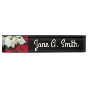 White and Red Poinsettias II Christmas Holiday Nameplate