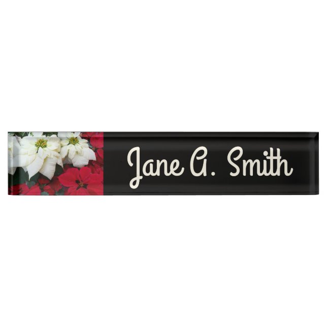 White and Red Poinsettias II Christmas Holiday Nameplate (Front)