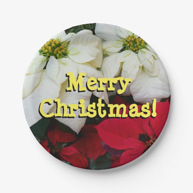 White and Red Poinsettias II Christmas Holiday Paper Plate (Front)