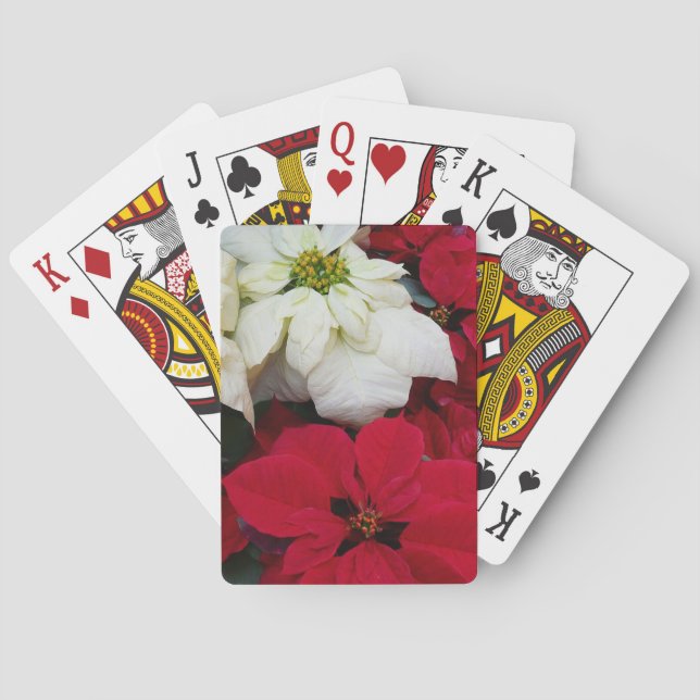 White and Red Poinsettias II Christmas Holiday Playing Cards (Back)