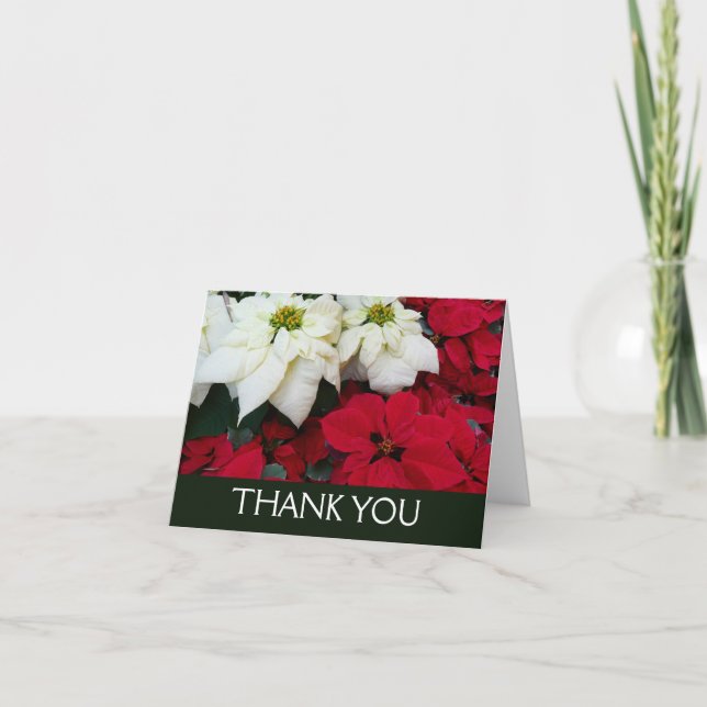 White and Red Poinsettias II Christmas Holiday Thank You Card (Front)