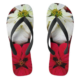 White and Red Poinsettias II Christmas Holiday Thongs