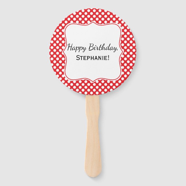 White and Red Polka Dot Birthday Hand Fan (Front)