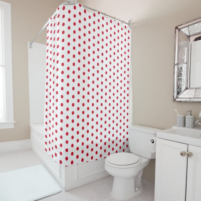 White and Red Polka Dot Pattern Shower Curtain (In Situ)