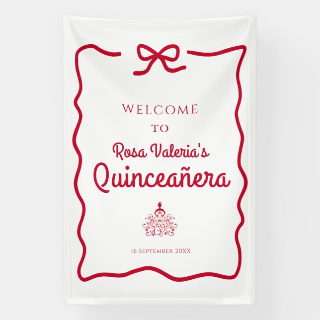 White and Red Quinceañera Welcome  Banner (Vertical)