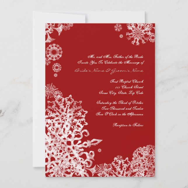White and Red Snowflakes Wedding Invitation 3 (Front)