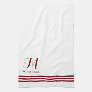 White and Red Sophisticated Stripes and Monogram Tea Towel
