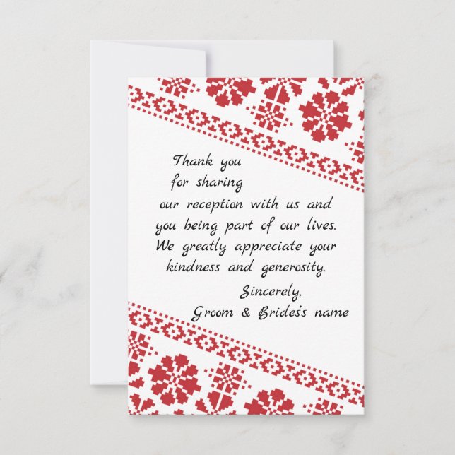 White and Red Tatreez Wedding Thank You Card (Front)