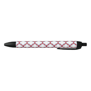 White and Red Trellis, Lattice, Quatrefoil Black Ink Pen