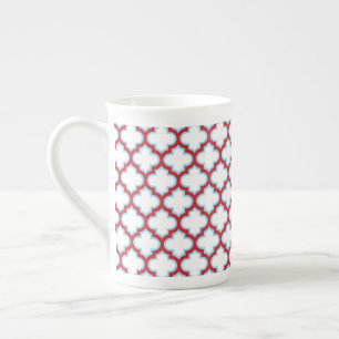 White and Red Trellis, Lattice, Quatrefoil Bone China Mug