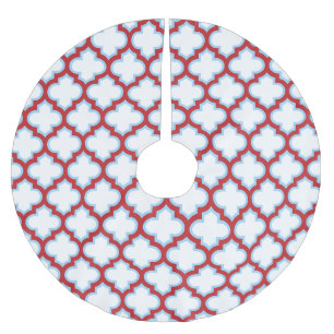 White and Red Trellis, Lattice, Quatrefoil Brushed Polyester Tree Skirt