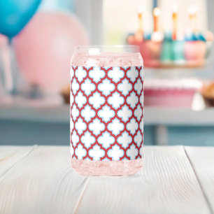 White and Red Trellis, Lattice, Quatrefoil Can Glass