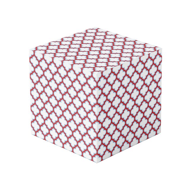 White and Red Trellis, Lattice, Quatrefoil Cube (Front Angled)