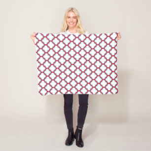White and Red Trellis, Lattice, Quatrefoil Fleece Blanket