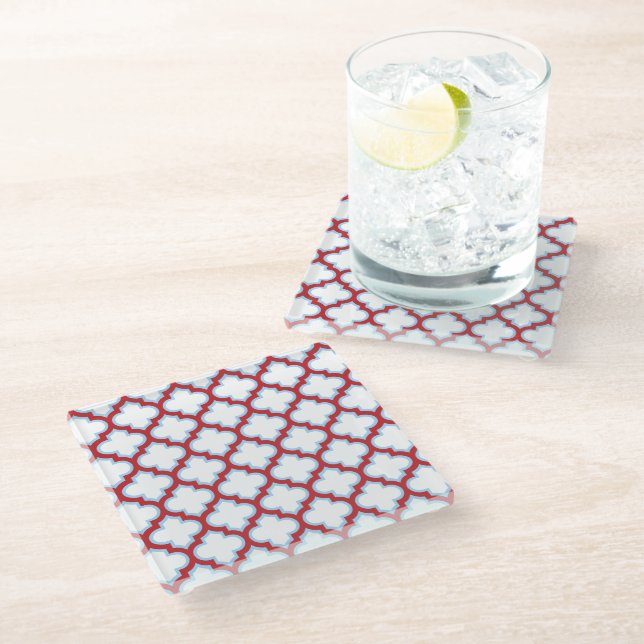 White and Red Trellis, Lattice, Quatrefoil Glass Coaster (Angled)