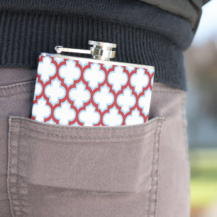 White and Red Trellis, Lattice, Quatrefoil Hip Flask
