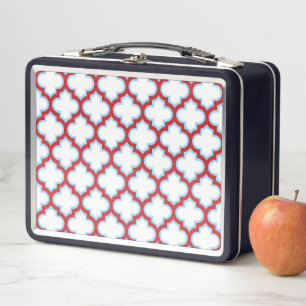 White and Red Trellis, Lattice, Quatrefoil Metal Lunch Box