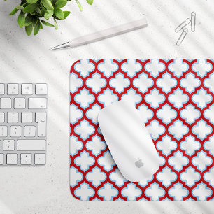 White and Red Trellis, Lattice, Quatrefoil Mouse Pad