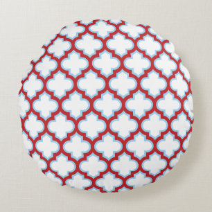 White and Red Trellis, Lattice, Quatrefoil Round Cushion