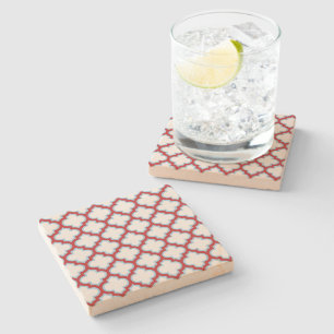 White and Red Trellis, Lattice, Quatrefoil Stone Coaster