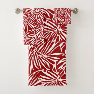 White And Red Tropical Leaf Repeating Pattern Bath Towel Set