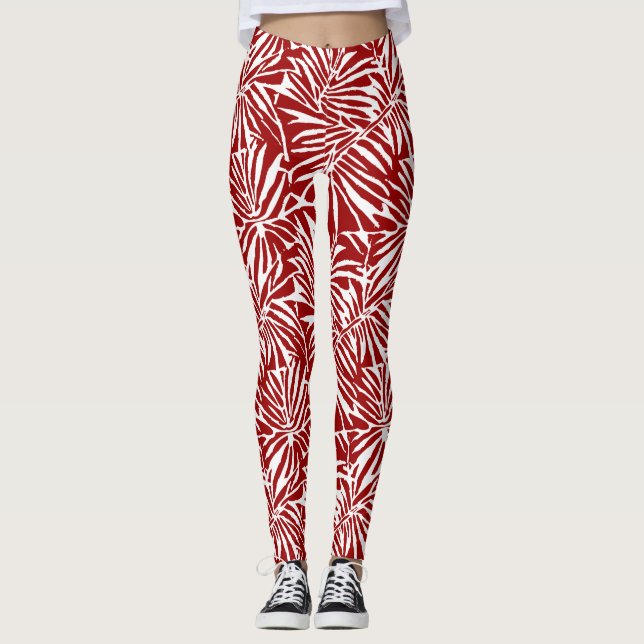 White And Red Tropical Leaf Repeating Pattern Leggings (Front)