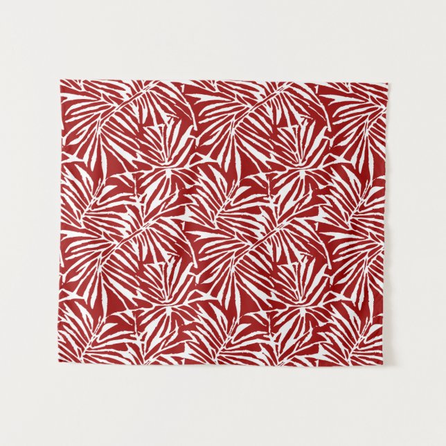 White And Red Tropical Leaf Repeating Pattern Tapestry (Front (Horizontal))