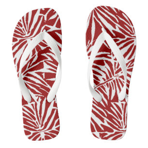 White And Red Tropical Leaf Repeating Pattern Thongs