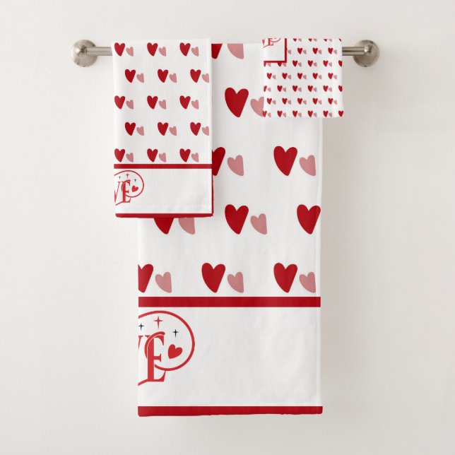 White and Red Valentine Hearts LOVE Bath Towel Set (Insitu)
