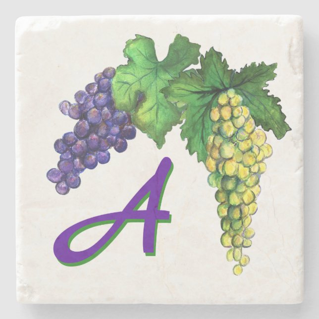 White and Red Wine Grapes Art Custom Monogram Stone Coaster (Front)