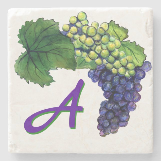 White and Red Wine Grapes Art Custom Monogram Stone Coaster (Front)