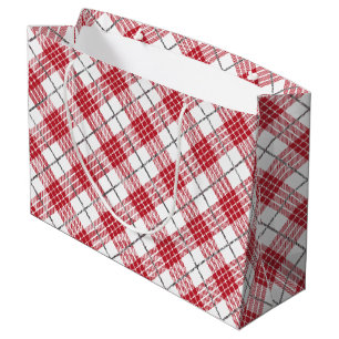 White and red with grey accents plaid pattern large gift bag