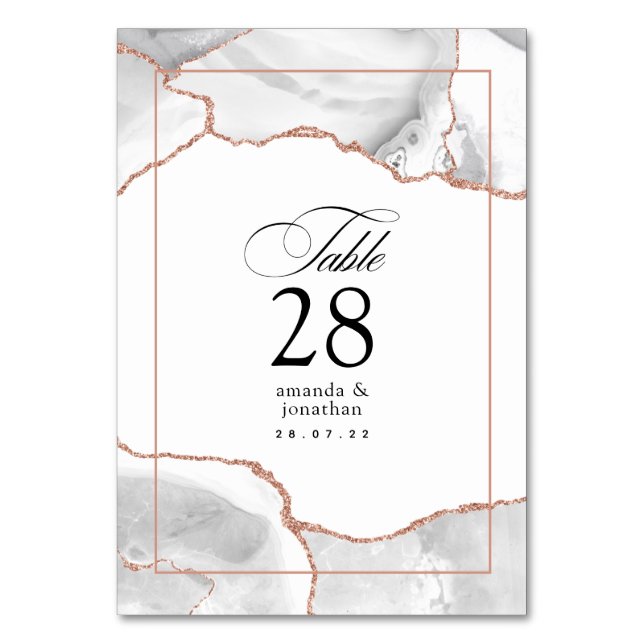 White and Rose Gold Agate Wedding Table Number (Front)