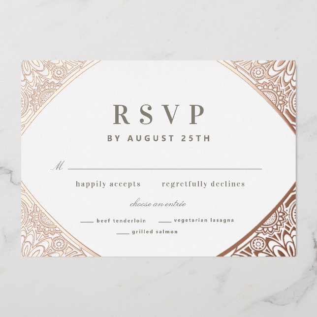 White and Rose Gold Arabesque Foil Invitation (Front)