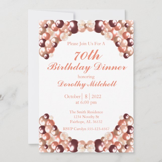 White and Rose Gold Balloon 70th Birthday Invitation (Front)