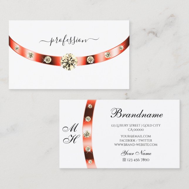 White and Rose Gold Border Monogram Rhinestones Business Card (Front/Back)