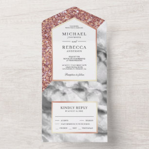 White and Rose Gold Glitter Grey Marble Wedding All In One Invitation