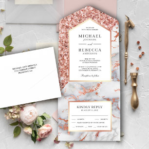 White and Rose Gold Glitter Marble Wedding All In One Invitation
