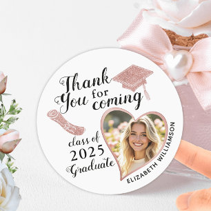 White and Rose Gold Graduation Photo Thank You Classic Round Sticker
