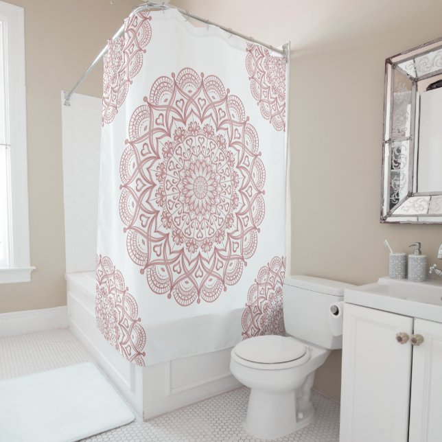 White and Rose Gold Mandala Boho Shower Curtain (In Situ)