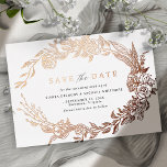 White and Rose Gold | Modern Floral Save the Date<br><div class="desc">Formal save the date cards with real metallic foil. Vintage-style florals frame your text. Rose gold on an airy white background.</div>