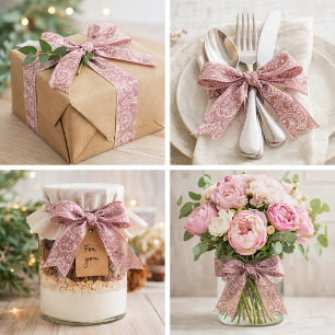 White and rose gold paisley satin ribbon