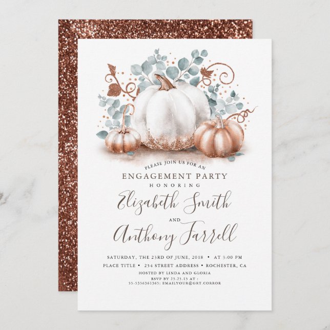 White and Rose Gold Pumpkins Fall Engagement Party Invitation (Front/Back)