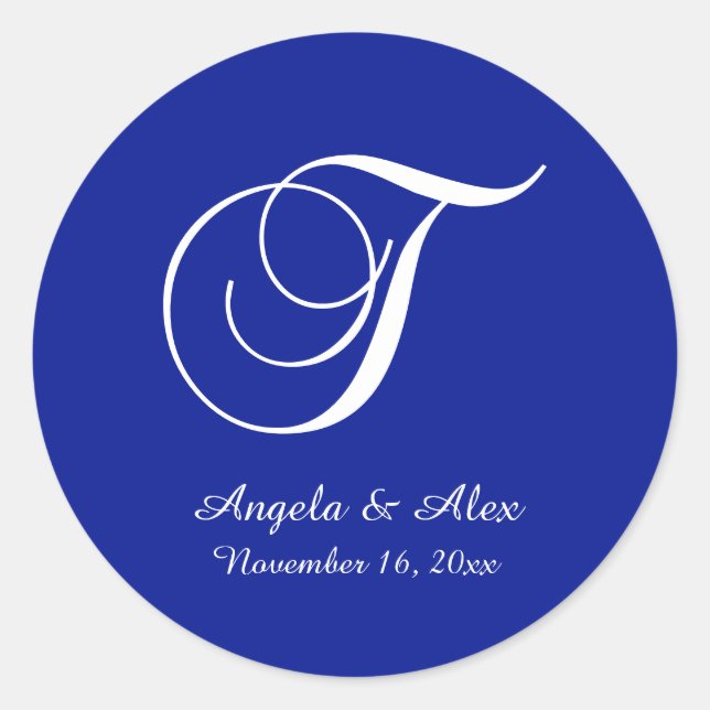 White and Royal Blue Decorative Script Monogram T Classic Round Sticker (Front)