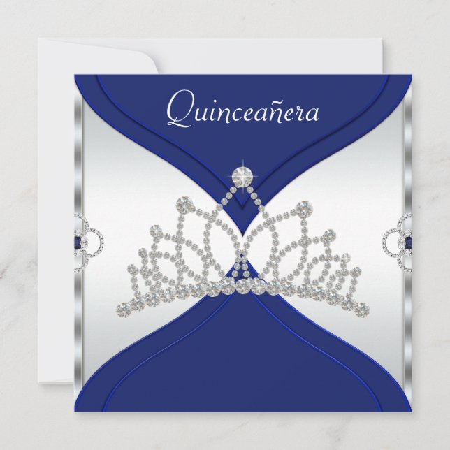 White and Royal Blue Quinceanera Invitations (Front)