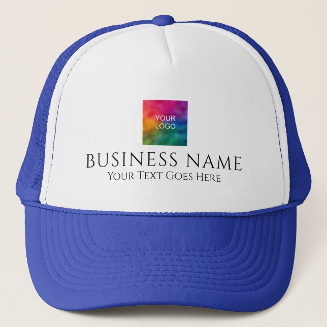 White And Royal Blue Upload Business Company Logo Trucker Hat (Front)