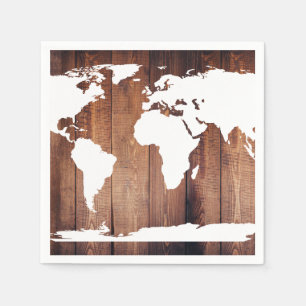 White and Rustic Dark Wood World Map Napkin