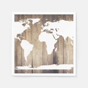 White and Rustic Wood World Map Napkin