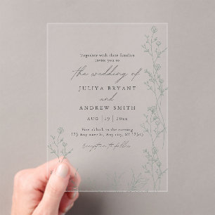 White and saga green script wedding acrylic invitations