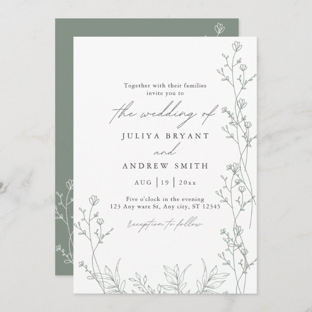 White and saga green script wedding Invitation (Front/Back)